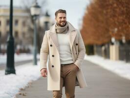 hombre disfruta un sin prisa caminar en un invierno día ai generativo foto