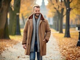 hombre disfruta un sin prisa caminar en un invierno día ai generativo foto