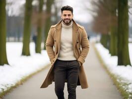 hombre disfruta un sin prisa caminar en un invierno día ai generativo foto