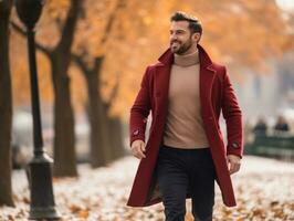 hombre disfruta un sin prisa caminar en un invierno día ai generativo foto