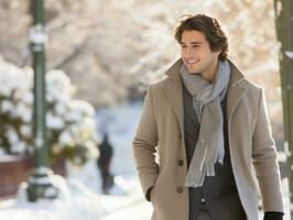 hombre disfruta un sin prisa caminar en un invierno día ai generativo foto