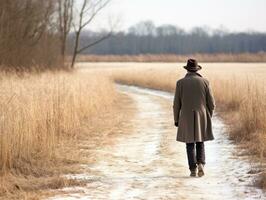 man enjoys a leisurely walk on a winter day AI Generative photo