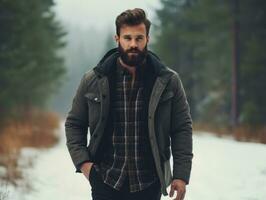 hombre disfruta un sin prisa caminar en un invierno día ai generativo foto