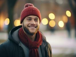 hombre disfruta un sin prisa caminar en un invierno día ai generativo foto