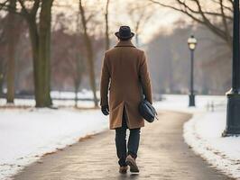 hombre disfruta un sin prisa caminar en un invierno día ai generativo foto