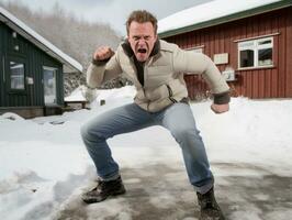 Man enjoys the winter snowy day in playful pose AI Generative photo