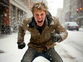 hombre disfruta el invierno Nevado día en juguetón actitud ai generativo foto