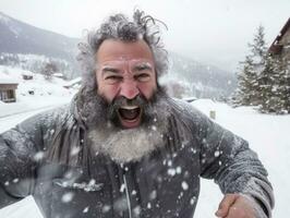 hombre disfruta el invierno Nevado día en juguetón actitud ai generativo foto