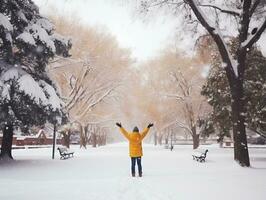 Man enjoys the winter snowy day in playful pose AI Generative photo