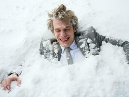 Man enjoys the winter snowy day in playful pose AI Generative photo