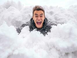 hombre disfruta el invierno Nevado día en juguetón actitud ai generativo foto