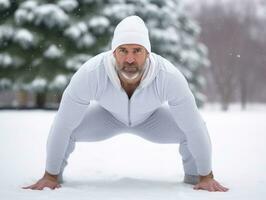 hombre disfruta el invierno Nevado día en juguetón actitud ai generativo foto