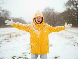 Man enjoys the winter snowy day in playful pose AI Generative photo