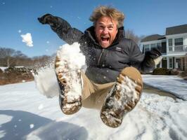 hombre disfruta el invierno Nevado día en juguetón actitud ai generativo foto