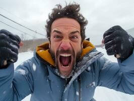 hombre disfruta el invierno Nevado día en juguetón actitud ai generativo foto