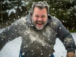 Man enjoys the winter snowy day in playful pose AI Generative photo