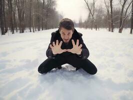 Man enjoys the winter snowy day in playful pose AI Generative photo