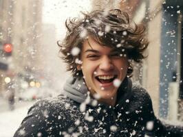 hombre disfruta el invierno Nevado día en juguetón actitud ai generativo foto