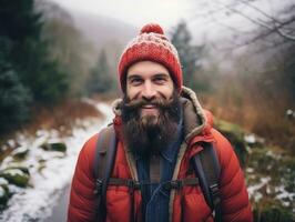 hombre disfruta el invierno Nevado día en juguetón actitud ai generativo foto