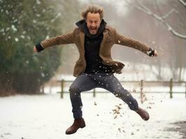 hombre disfruta el invierno Nevado día en juguetón actitud ai generativo foto