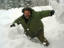 hombre disfruta el invierno Nevado día en juguetón actitud ai generativo foto