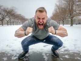 Man enjoys the winter snowy day in playful pose AI Generative photo