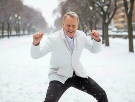 Man enjoys the winter snowy day in playful pose AI Generative photo