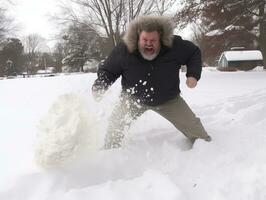 Man enjoys the winter snowy day in playful pose AI Generative photo