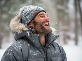 Man enjoys the winter snowy day in playful pose AI Generative photo