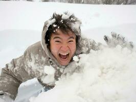 Man enjoys the winter snowy day in playful pose AI Generative photo