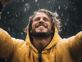 hombre disfruta el invierno Nevado día en juguetón actitud ai generativo foto