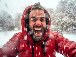 hombre disfruta el invierno Nevado día en juguetón actitud ai generativo foto