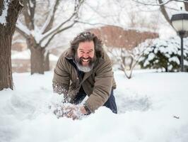 Man enjoys the winter snowy day in playful pose AI Generative photo