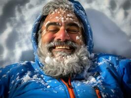 hombre disfruta el invierno Nevado día en juguetón actitud ai generativo foto