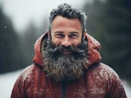 Man enjoys the winter snowy day in playful pose AI Generative photo