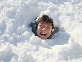 hombre disfruta el invierno Nevado día en juguetón actitud ai generativo foto