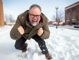 Man enjoys the winter snowy day in playful pose AI Generative photo