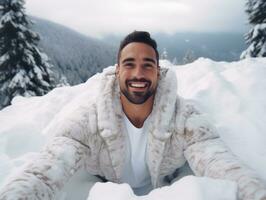 hombre disfruta el invierno Nevado día en juguetón actitud ai generativo foto