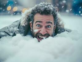 hombre disfruta el invierno Nevado día en juguetón actitud ai generativo foto