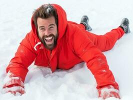 hombre disfruta el invierno Nevado día en juguetón actitud ai generativo foto