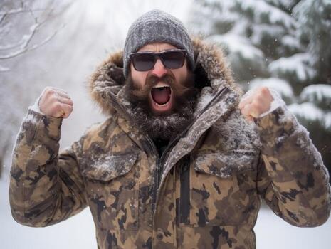 Man enjoys the winter snowy day in playful pose AI Generative photo