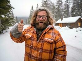 hombre disfruta el invierno Nevado día en juguetón actitud ai generativo foto