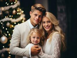 el familia disfruta celebrando Navidad víspera juntos ai generativo foto