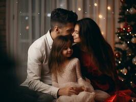 el familia disfruta celebrando Navidad víspera juntos ai generativo foto