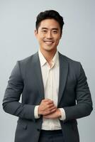 Handsome asian man emotional dynamic gestures on solid background AI Generative photo