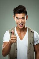 Handsome asian man emotional dynamic gestures on solid background AI Generative photo