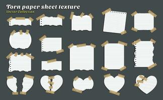 Collection of textures of torn paper sheets of various shapes on a dark background vector