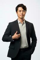 Handsome asian man emotional dynamic gestures on solid background AI Generative photo