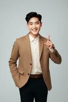 Handsome asian man emotional dynamic gestures on solid background AI Generative photo