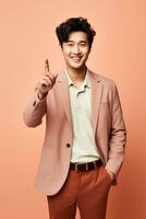Handsome asian man emotional dynamic gestures on solid background AI Generative photo